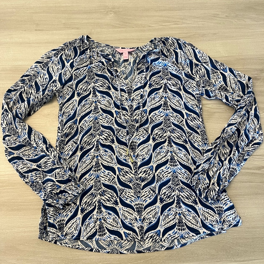 Women’s Lilly Pulitzer Willa Tunic Blouse A Mermaid’s Tail Blue White XS.